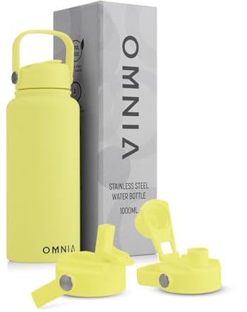 OMNIA Vacuum Insulated Stainless Steel Water Bottle, 2 Lids (Straw & Spout) Leakproof, BPA-Free, Reusable Flask for Sports, Gym, Travel, Outdoors (Mellow Yellow, 1000ML)