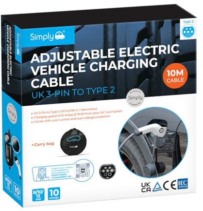 Simply EV013 (Updated 2025 Model) Premium Adjustable Amperage EV Fast-Charging Cable 3.1kW 8/10/13A – UK 3-Pin to Type 2, 10M – Durable & Flexible with Digital Controller + Carry Bag