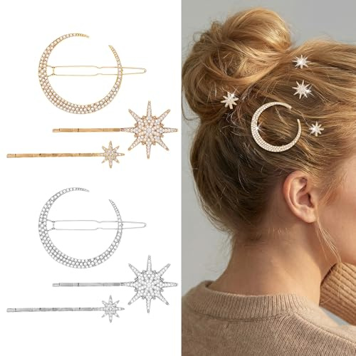 DOPENSPI Lot de 6 pinces à cheveux vintage célestes en forme de lune et d'étoile, strass décoratifs pour femme (or et argent)