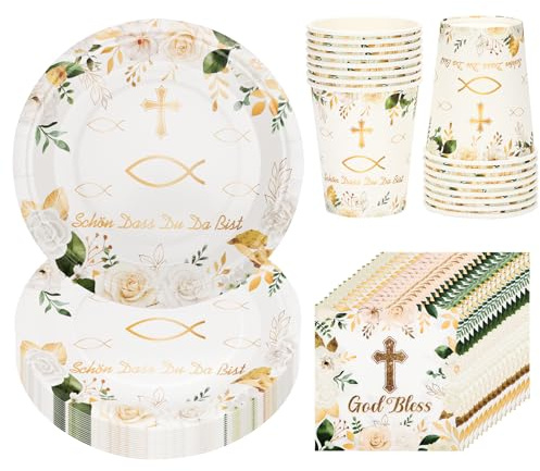 Set Stoviglie Festa Comunione e Battesimo 52 Pezzi, 16 Persone, Decorazione per Cresima, Prima Comunione e Battesimo con Piatti, Bicchieri e Tovaglioli di Carta, Design Croce d’Oro e Pesce, Scritte “
