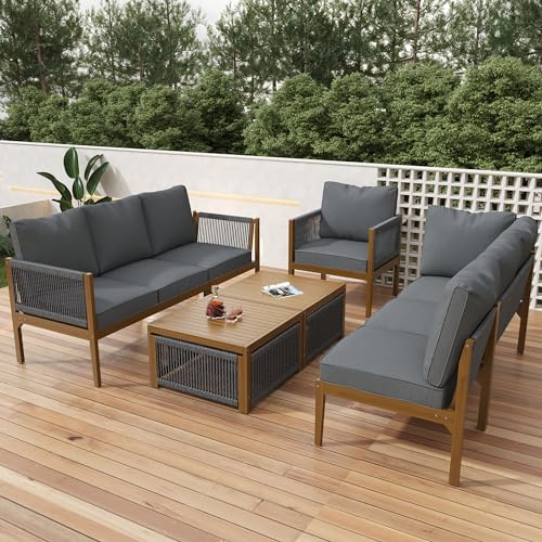 Mrwoo Gartenmöbel Set Sitzgruppe Gartengarnitur für 7-8 Personen,Akazienholzrahmen Handgeflochtenes Seil,mit Sofa 2 Tischen und Kissen,Abnehmbarer Waschbarer Stoffbezug,UV-Beständig Wetterfest (Grau)