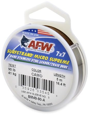 American Fishing Wire Surfstrand Micro Supreme, Bare 7x7 Stainless Steel Leader Wire, 90 lb Test, 0.027 Diameter, Camo, 5m