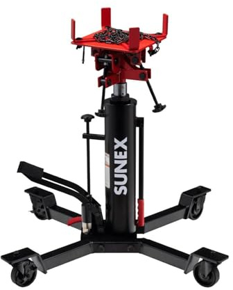 Sunex Tools 7793B 1,000 lb Telescopic Transmission Jack, Hydraulic, Foot Pump Operated, Tilt Saddle with Chain Tie-Down, 74.2 in Max Height