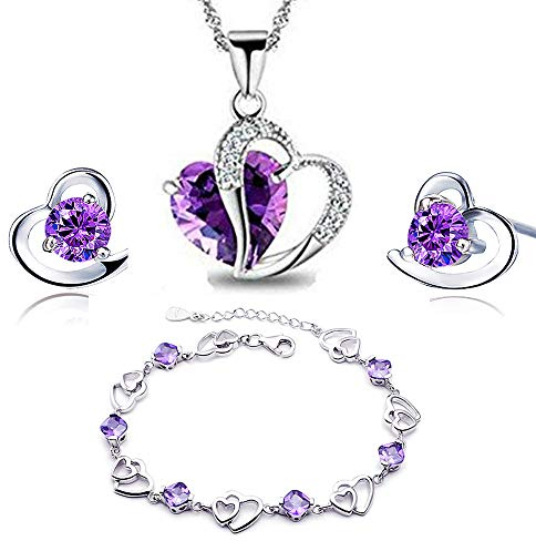 Findout, set bracciale + orecchini + collana con pendente a cuore in cristallo e ametista rossa, rosa, blu, bianca, per donne e ragazze. e Argento, colore: Amethyst, cod. 497