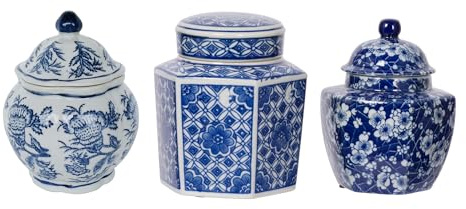 A&B Home 12,7 cm dekorative Porzellangläser Set mit 3 glasierten handbemalten blauen und weißen Keramik-Vasen mit Deckel, Tafelaufsatz, Ingwerglas, asiatische Dekoration