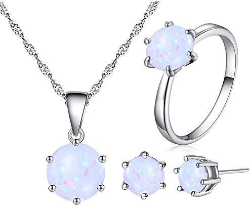 Uloveido Braut Frauen Hochzeit Verlobung Weißgold plattiert Schmuck Ring Halskette und Ohrringe Set für Mädchen mit simuliertem Feueropal Stein