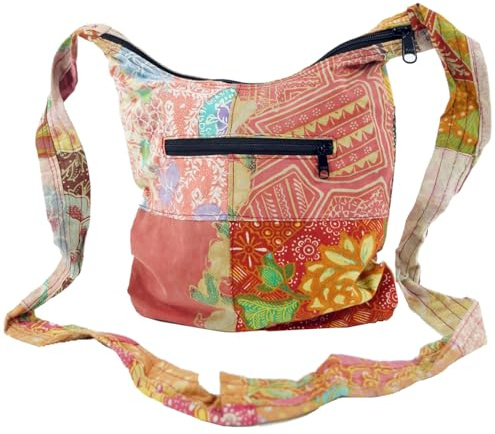 GURU SHOP Boho Schultertasche, Patchwork Tasche aus Baumwolle | Farbenfrohes Design, Unikat aus Indonesien, großes Hauptfach, Reißverschluss, traditionelles Wachsbatik-Muster