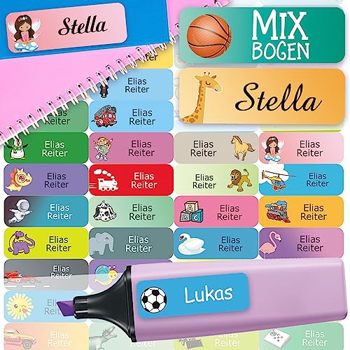 Sunnywall® Namensaufkleber Kinder Schule Gemischte Aufkleber Namensetiketten | 60 Stück Klebeetiketten zum Beschriften 4,8x1,6cm Kita Schulanfang | wasserfest