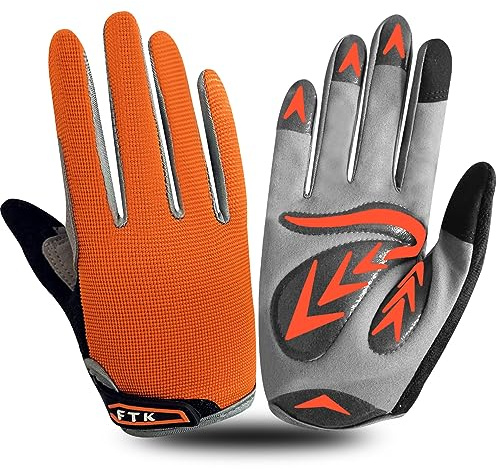 Gants Velo Enfant Cyclisme Junior Running VTT Moto Plein Doigt Poignée Paire, Gant Bicyclette Escalade Randonnée Skateboard Gel Résistant à l'abrasion Antideparant Mitaines Outdoor (XL, Orange)