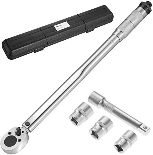 tectake 403384 Clé Dynamométrique 1/2, Plage de Réglage: 28-210 Nm, avec Extension, 3 Douilles (17, 19, 21 mm) et Coffret à Outils