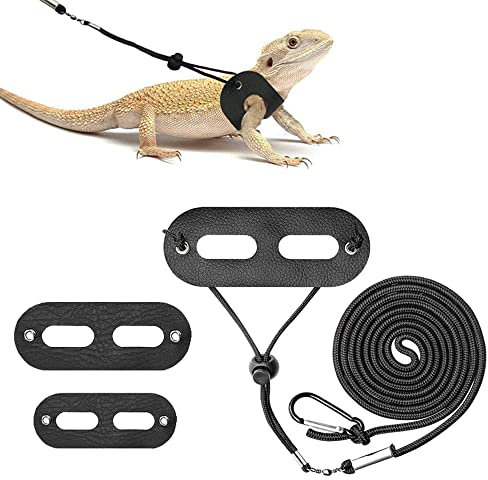 ASOCEA 3 STK Einstellbar BäRtiger Drache Eidechsengeschirr Und Leine Reptil Weiches Leder Outdoor Nylon Seil FüHren FüR Amphibien Eidechsen ChamäLeons Leguanbabys Und Andere Kleine Haustiere(S, M, L)