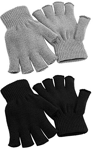 Cooraby Warme Halbfingerhandschuhe für Winter, fingerlose Handschuhe, 2 Paar, Größe L für Erwachsene, Größe M für Jugendliche, Größe S für Kinder, Schwarz, Grau, Large