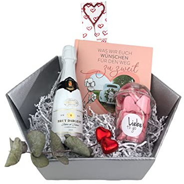 schenken-24 Geschenk zur Hochzeit - Wunderkerze in Herzform - Sekt kleines Buch - Marshmallows - Eukalyptuszweig - inkl. Geschenkverpackung