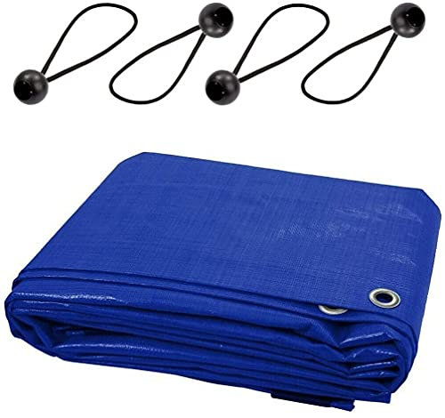 Blue Tarpaulin Waterproof Cover with 4 Ball Bungees - 1.5 x 2 m Versatile Sheet with Eyelets - Ground Sheet for Garden, Camping, Furniture, Logs, Wood, DIY - UV Resistant, Tearproof, Mould Resistant