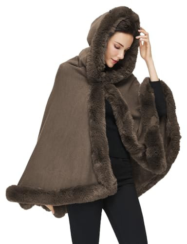 BEAUTELICATE Poncho Mantella di Pelliccia Sintetica Donna Invernale Stola Scialle con Cappuccio Lavorata a Maglia Cardigan per Cerimonia Festa Matrimonio (Khaki,Taglia Unica)