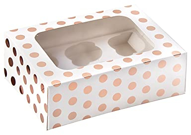 Anniversary House Cupcake Box with Window and Removable 6 Hole Insert, Rose Gold Polka Dot Print, Easy Assembly, 7.5 x 16 x 23 CM, J103