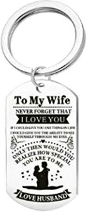 AMDXD Keychain Cute, Anneaux Porte Clef Acier Inoxydable Dog Tag avec Gravure To My Wife I Love You..., Argent, 28 X 50MM