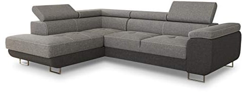 Ecksofa Caris mit Schlaffunktion und einstellbare Kopfstützen, Wohnlandschaft mit Bettkasten, Couch, Sofa, Bettsofa (Dunkelgrau + Grau (Sawana 05 + Sawana 21), Ecksofa Links)