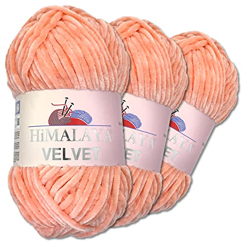 Wohnkult Himalaya 3 x 100 g Velvet Dolphin Wolle 40 Farben zur Auswahl Chenille Strickgarn Flauschwolle Glanz Accessoire Kleidung Decken (90023 | Pfirsich)