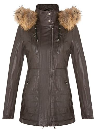 Women's Brown Leather Parka Jacket Quilted Detachable Hooded Trench Coat L