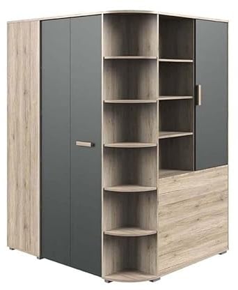 Froschkönig24 Cariba Eckschrank Kleiderschrank mit Falttüren,begehbar San Remo-Eiche/Graphit