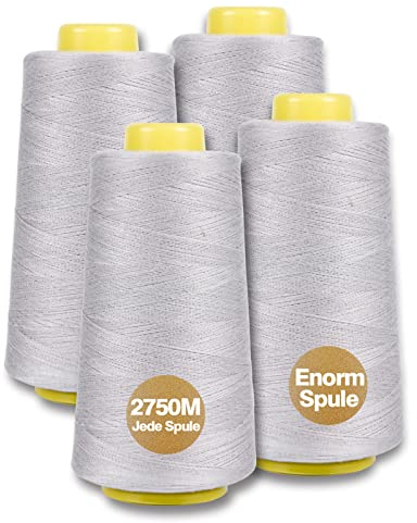 NäHgarn Overlockgarn 100% Polyester Grau NäHgarn Set FüR NäHgarn Faden Garn NäHmaschine 4 NäHgarn Zwirn ReißFest NäHmaschinengarn Thread NäHfaden Overlock Garn 40/2 Je 2745 M, Insgesamt 11000m