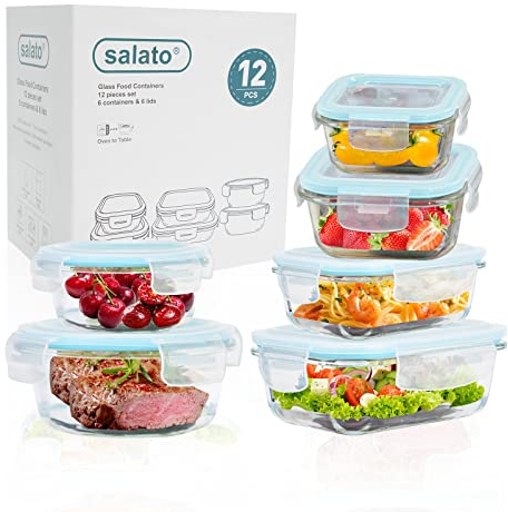 salato Food Containers with Lids 6 Pack, Durable Glass Food Storage Containers Leak Proof & BPA Free, Glass Storage Containers with Lids Airtight Safe for Freezer to Microwave/Oven/Dishwasher, Blue