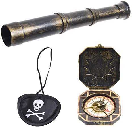Cosplay-Teleskop und Kompass-Requisite mit Piraten-Augenklappe – Antik-Retro-Partyzubehör-Dekoration – Vintage-Schatz-Spyglass-Sonnenuhr, Schiffskapitän-Augenklappe für Themenveranstaltungen