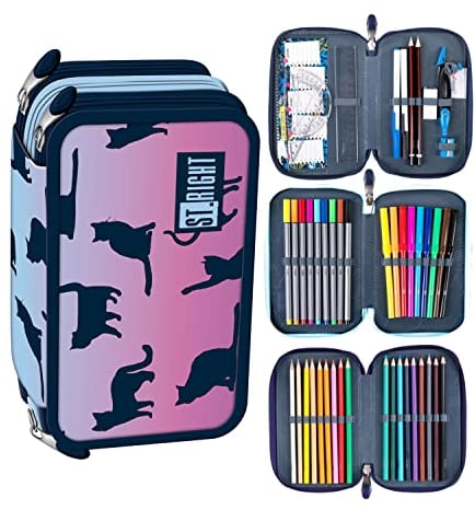 Goldkids St. Right XXL Federtasche Federmappe Federmäppchen 46-teilig gefüllte Schüleretui 3-stöckig 19 x 13 x 7 cm inkl. Hausaufgabenheft Night Cats Katze