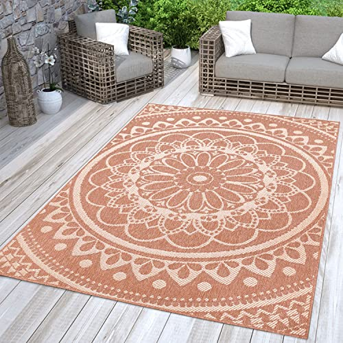 TT Home In-& Outdoorteppich Wetterfest Garten Orientalisches Marokkanisches Boho Design, Farbe: Weiß Orange, Größe:120x160 cm