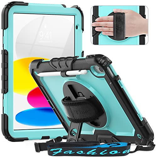 Timecity Hülle iPad 11(A16) Zoll 2025/iPad 10 Generation Hülle 10.9 Zoll 2022, Stoßfeste Schutzhülle mit Displayschutz Handschlaufe Schultergurt 360°-Drehbarer-Ständer Stifthalter Outdoor-Hellblau