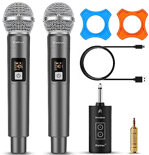 Bietrun Wireless Microphone, UHF Dual Handheld Cordless Dynamic Metal Mic Set with Rechargeable Receiver, 1/4'' Plug Output, for Karaoke, Church, Wedding, Party Singing(98 ft Range)(Auto Connect)
