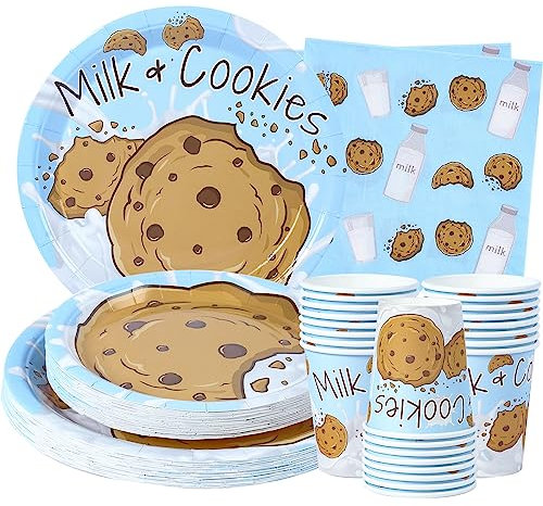 Milk and Cookies Party Supplies (Serves 24) Dinner Plates, Dessert Plates, Cups, Napkins. Chocolate Chip Cookie Birthday Decorations for Kids, Boys, Girls and More. Milk and Cookies Party Decorations