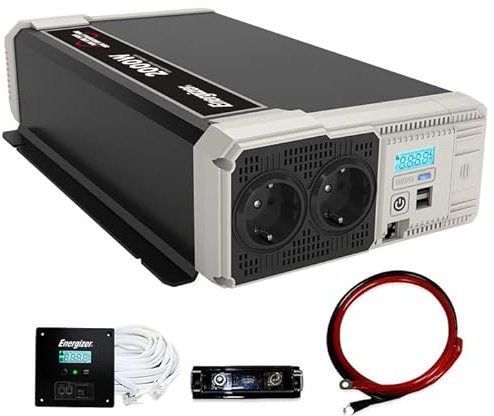 Energizer 2000 W / 4000 W 12 V auf 230 V Reiner Sinus Auto Wechselrichter mit AC Netzteil, 2 USB Ports und Batteriefach, DC zu AC Konverter mit Einbauset