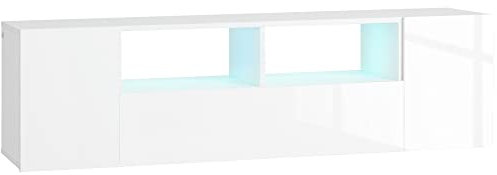 HOMCOM Mobile TV 60 max in Truciolato, Mobiletto TV con 3 Ripiani, 2 Armadietti e Luci LED, 137x35x42 cm, Bianco Lucido