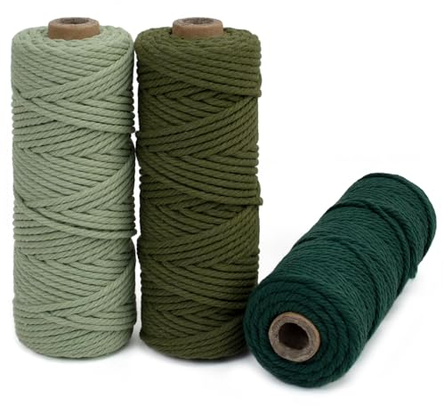 LEREATI Makramee Garn 3mm Set, 150m Makramee-Schnur, Farbig Baumwollseil, Baumwollgarn 3mm zum Makramee Deko, Hängepflanze, Wandbehang, Hochzeitsbogen (Bohnengrün, Armeegrün, Dunkles Grün)