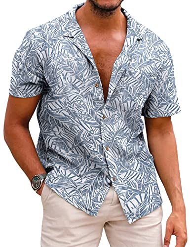 COOFANDY Männer Hawaii Hemd Sommer Leinen Kurzarmhemd Baumwolle Freizeit Sommer Kurzarm Button Down Hemden for Herren Hellblau L