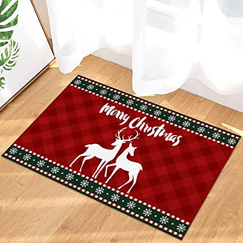 Schmutzfangmatte Elch Der Frohen Weihnachten Auf Roter Karierter Schneeflocke-Grenze Teppich Resistente Bodenmatte Super Absorbierende Badvorleger Für Eingang Garten Wohnzimmer 40X60Cm