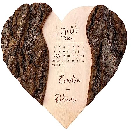 Holzherz mit Gravur, Hochzeitsgeschenk mit Kalender Motiv, Personalisierte Hochzeitstag Deko, Geschenke zur Hochzeit, Holz Herz mit Rinde, Hochzeitsherz, Ringkissen aus Holz, Geschenk zum Hochzeitstag