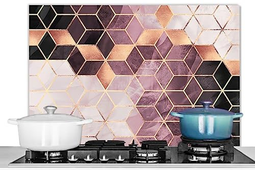 KitchenYeah© Spritzschutz Küchenrückwand Platte Kuchendeko Aluminium Platte Kitchen Wall Protector Rückwand KüchePink - Vintage - Marmor - Gold - Rosa - Marmoroptik - Modern - 80x55 cm