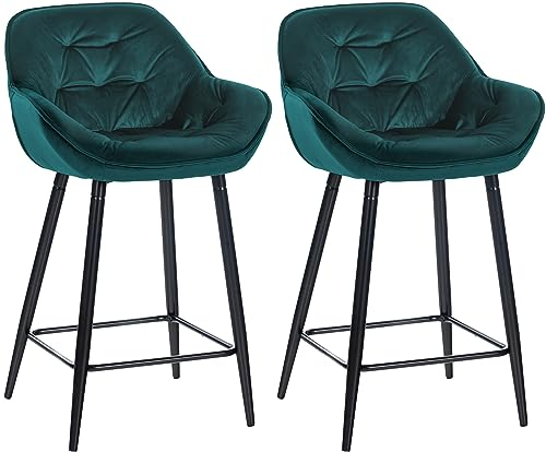 CLP 2er Set Barhocker Gibson Samt I Sitzhöhe 76 cm I Tresenstühle Mit Fußstütze, Farbe:dunkelgrün