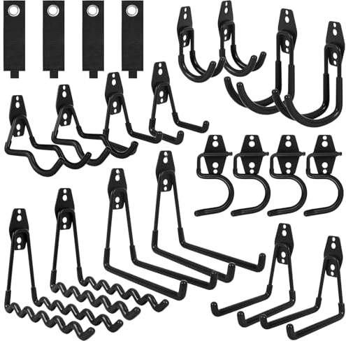 AojSup 22 Stück Garage Haken | Wandhaken für Garage, Wandhaken Garage Platzsparende, Schwerlast Aufbewahrung Doppelhaken, Gerätehalter für Werkzeuge, Fahrräder, Sportausrüstung (Schwarz)
