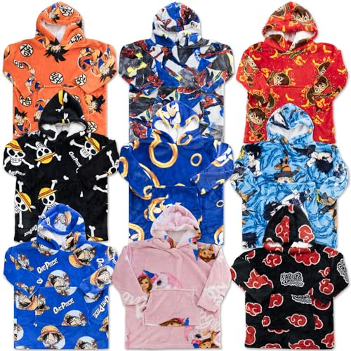 Characters Cartoons Dragon Ball Naruto One Pice Spiderman Barbie – Jungen Mädchen – Maxi Sweatshirt aus Fleece Poncho Plaid Decke mit Kapuze und Ärmeln und Maxi-Tasche, 074 Sonic Blau, Einheitsgröße