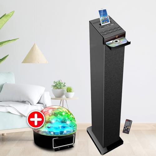 INOVALLEY Tour de Son Hifi 60W Noire avec Lecteur CD, Bluetooth, FM et USB, Télécommande, Jeu de lumière Boule LED, Colonne Chambre Salon