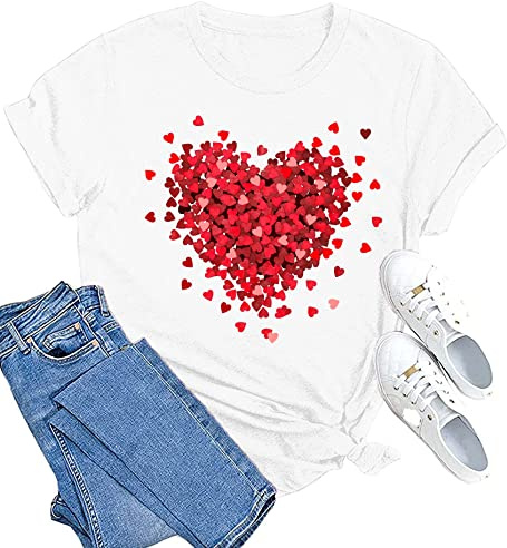 SUWATOIN Herz T-Shirts für Frauen Valentinstag Shirts Basic Tees Kurzarm Tops, weiß, M