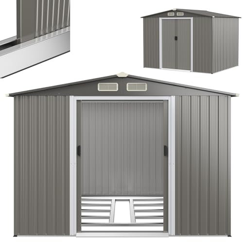 RELAX4LIFE Abri de Jardin en Tôle d’Acier Galvanisée avec Fondation et Double Porte Coulissante, Cabane à Outils avec Toit en Appentis et Volets 260X206,5 X 108 CM (Toit Gris foncé)