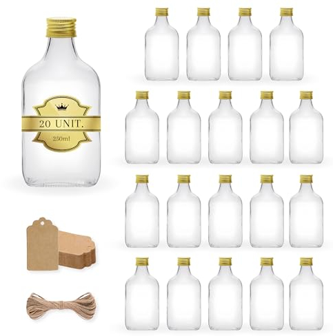 20x Bouteilles en Verre 250ml Style Flasque à Alcool avec Bouchon a Vis Doré + 20 Étiquettes Kraft + Ficelle - Flacon pour Whiskey, Rhum, Liqueur - Fioles de Poche pour Boissons Spiritueuses