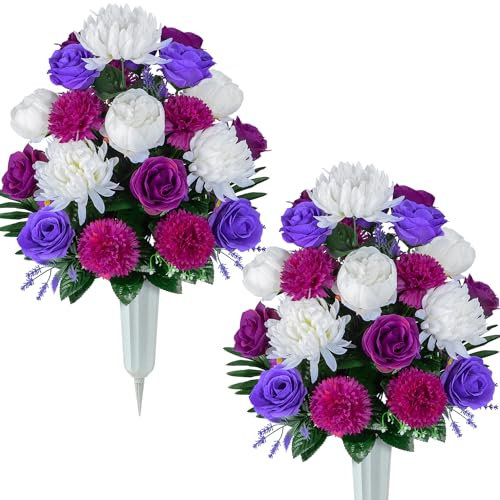 AOFOX Künstliche Friedhof Blumen, Gedenkblumen mit Vase, künstliche Rose Pfingstrose Blumen Blumenstrauß Dekoration für Friedhof Grabstein Grabstein Grabstein Dekor (2 Sträuße)