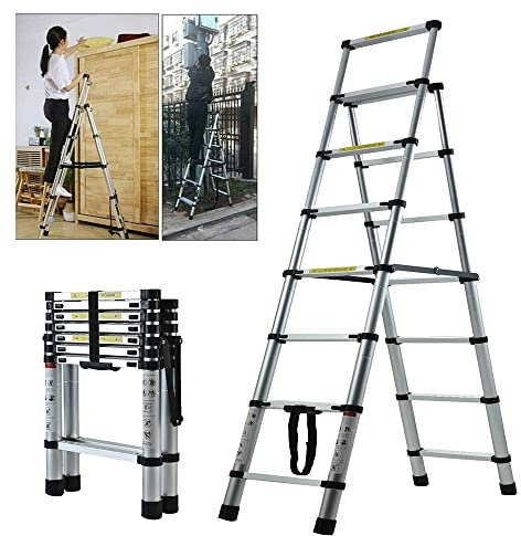 Telescoping Ladder 5+6 Step Ladder Folding A Frame Ladder Multipurpose Portable Aluminum Extension Telescopic Stepadder for RV/Kitchen/Pantry/Closets/Loft/Office, 330 lb Capacity