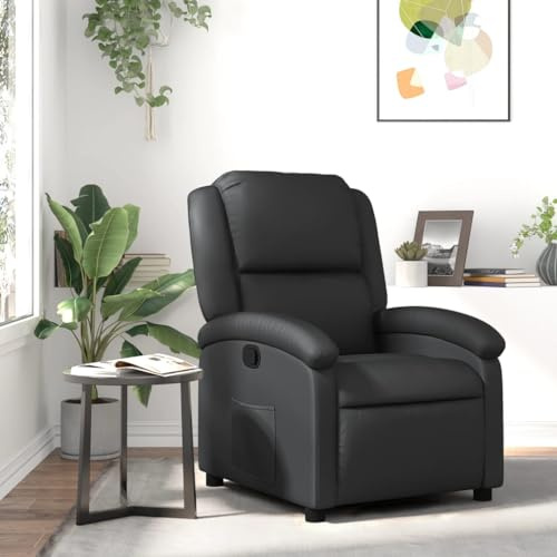 Gecheer Poltrona Relax Reclinabile, in Vera Pelle Nera, con Poggiapiedi Regolabile, 71x86.5x99.5 cm, per Soggiorno e TV